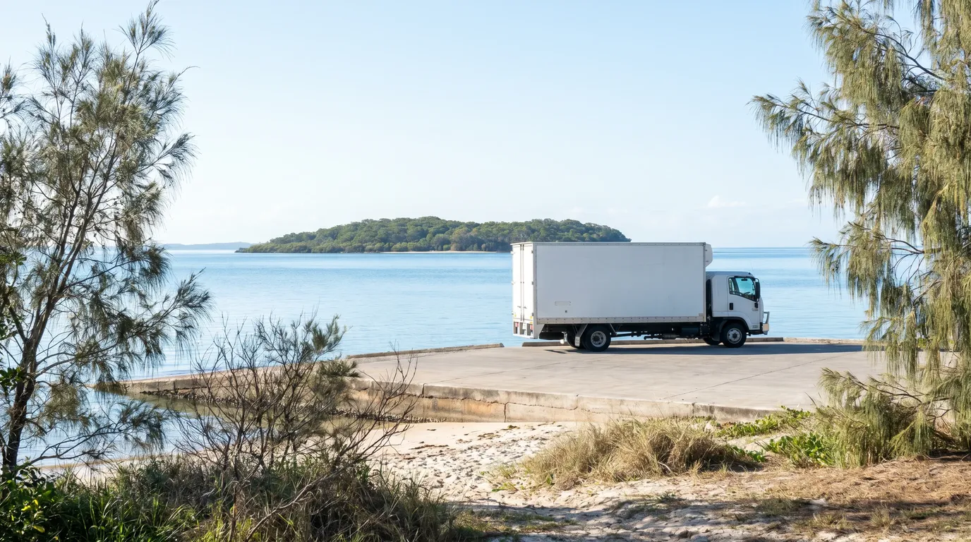 A removal truck near a Moreton Bay boat ramp at Redland Bay, the blue bay and a low green island on the horizon
